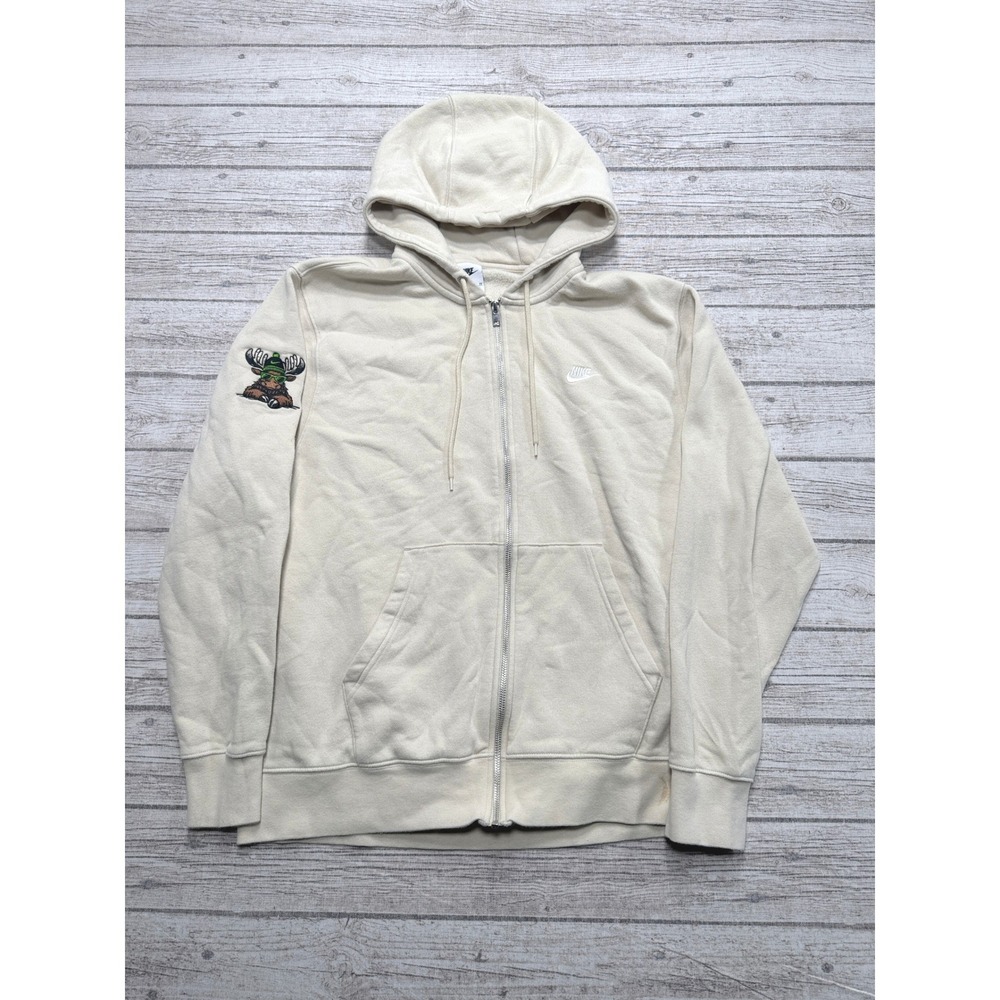 Nike Hoodie Men's XL Beige Moose Embroidered Fleece Lined Zip Up Athletic Swoosh